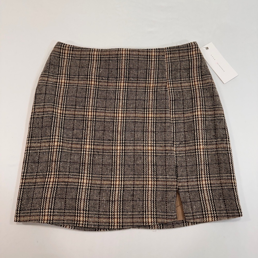 Lush Plaid Mini Skirt Women Size S Brown Tan Front Slit NWT | Dark Academia